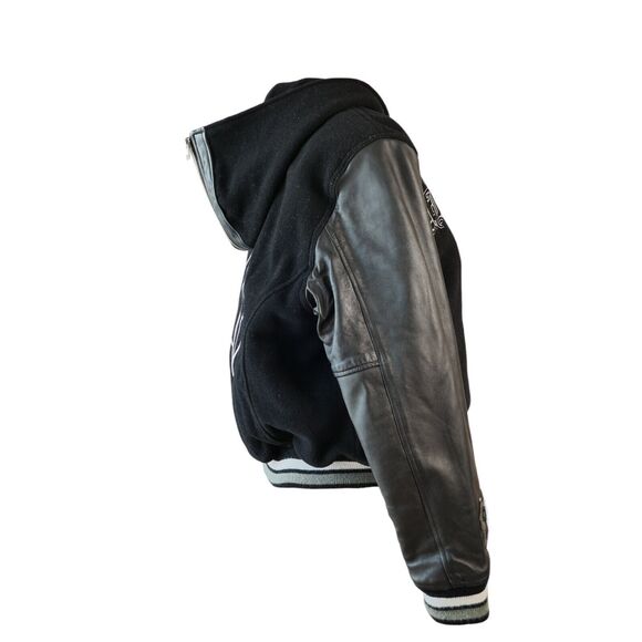 Baby Phat Sz L Vintage Y2k Bomber Jacket Hooded Spell Out Lamb Leather Sleeves - Picture 4 of 16